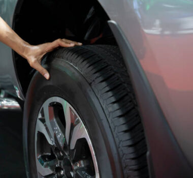 Hand man checking air pressure air car tire - Image